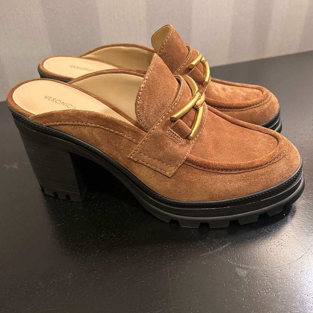 Veronica Beard Brown Suede Mules with Gold Accent